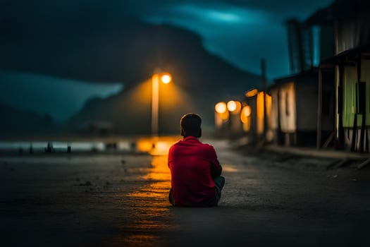 a man sitting on the ground at night in front of a building. AI-Generated photo