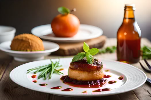 a plate with food on it and a bottle of beer. AI-Generated photo