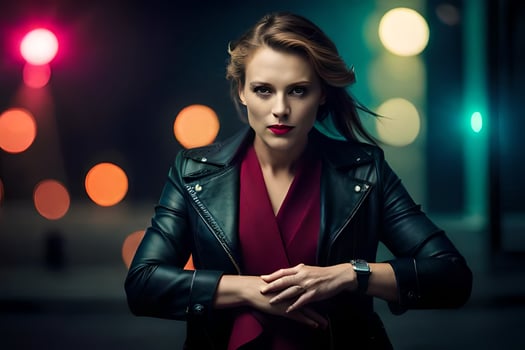 a woman in a black leather jacket standing in front of a street light. AI-Generated photo