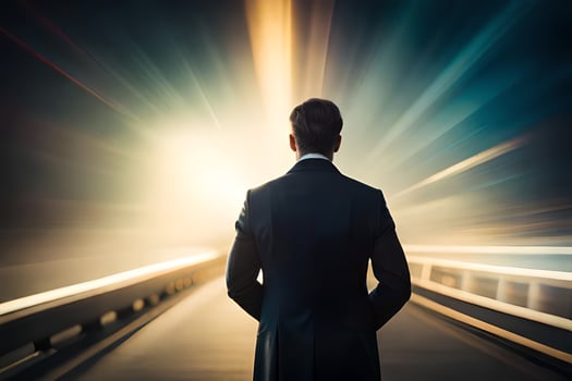 a man in a suit standing on a highway with light coming from the back. AI-Generated photo