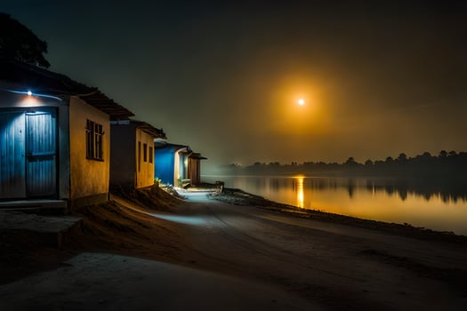 a small house sits on the shore of a lake at night. AI-Generated photo