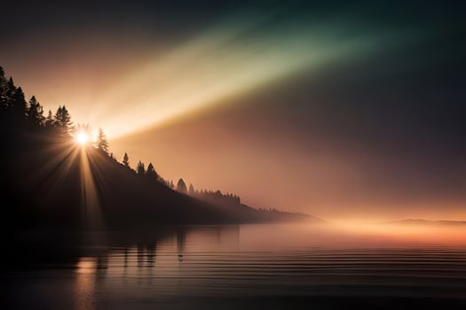 sunlight shining over a lake and trees. AI-Generated photo
