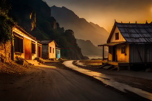 a road leading to a small village at sunset. AI-Generated photo