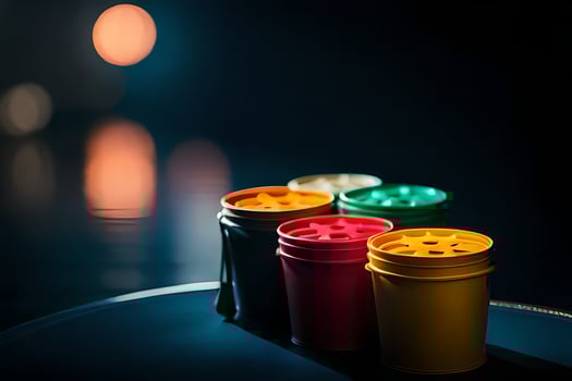 four colorful plastic cups sitting on a table. AI-Generated photo