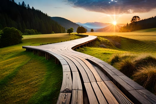 a wooden walkway leads to a sunset in the mountains. AI-Generated photo