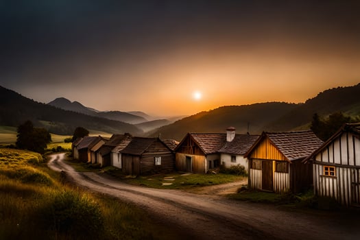 a road leading to a village at sunset. AI-Generated photo