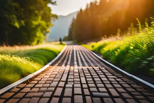 a brick road in the middle of a field. AI-Generated photo