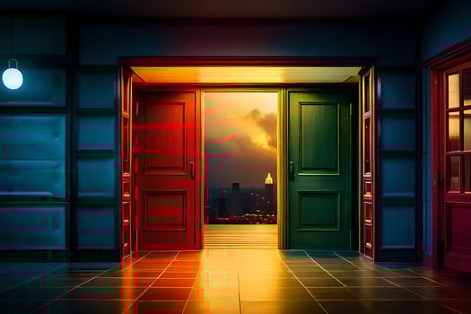 an open door with a rainbow light shining through it. AI-Generated photo