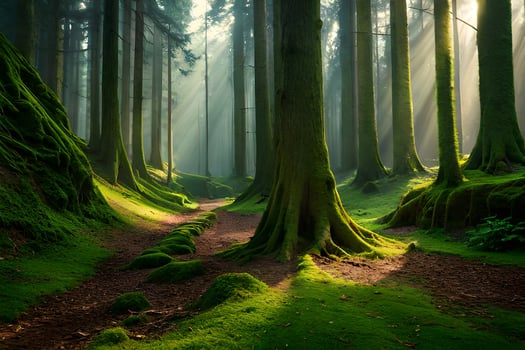 a forest with trees and mossy ground. AI-Generated photo