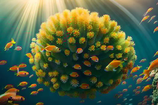 photo wallpaper sea, the sun, coral, fish, the ocean, the sun, underwater,. AI-Generated