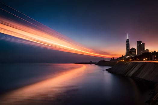 a long exposure photograph of a city skyline at sunset. AI-Generated photo