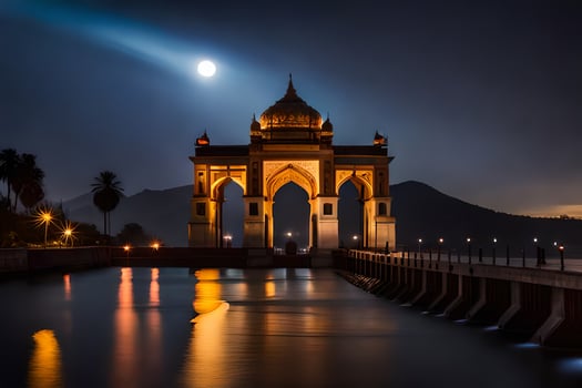the moon rises over the indian monument at night. AI-Generated photo