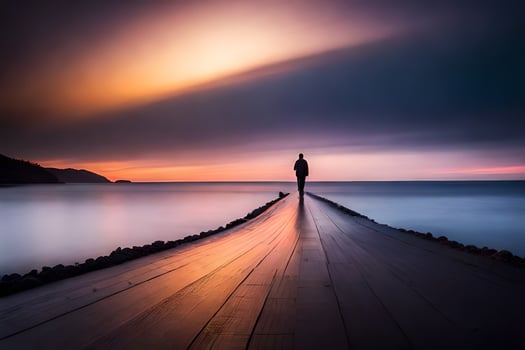a man standing on a pier looking at the sunset. AI-Generated photo