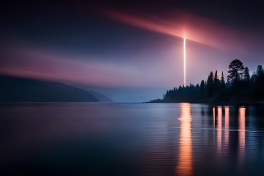 a long exposure photograph of a light shining over a lake. AI-Generated photo