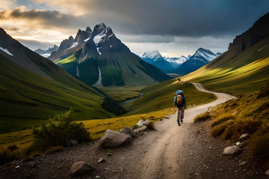 a man on a mountain bike rides down a dirt road. AI-Generated photo