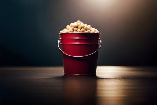 a red bucket filled with peanuts on a table. AI-Generated photo