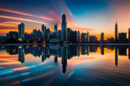 the city skyline is reflected in the water at sunset. AI-Generated photo