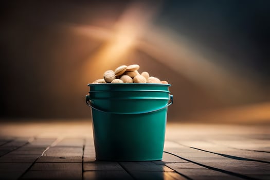 a bucket filled with peanuts on a wooden floor. AI-Generated photo