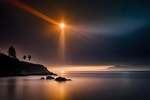 a beautiful sunset over the ocean with a tree in the foreground. AI-Generated photo