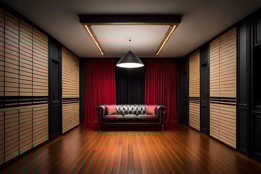 a room with a couch and wooden floors. AI-Generated photo