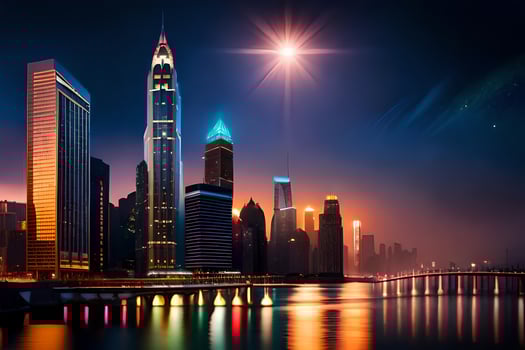 the city skyline at night with lights reflecting off the water. AI-Generated photo