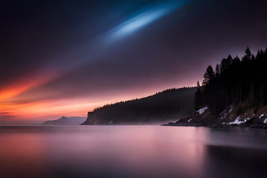 a beautiful sunset over the water with trees and mountains. AI-Generated photo