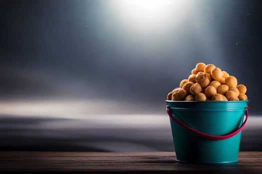 a bucket filled with peanuts on a table. AI-Generated photo