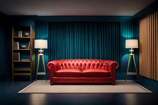 a red leather sofa in a dark room. AI-Generated photo