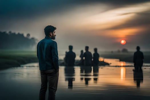 a man standing in the water at sunset. AI-Generated photo