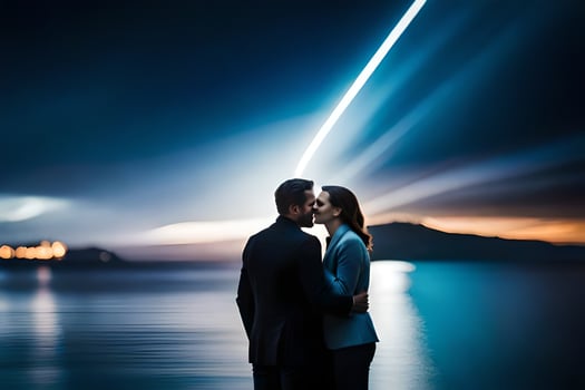 a couple kissing in front of a light beam. AI-Generated photo