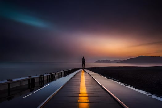 a man stands on a pier looking out at the ocean. AI-Generated photo