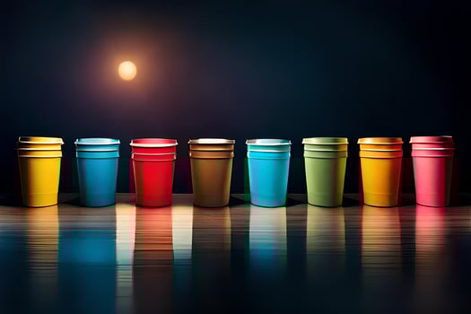 colorful cups lined up in a row on a dark floor. AI-Generated photo