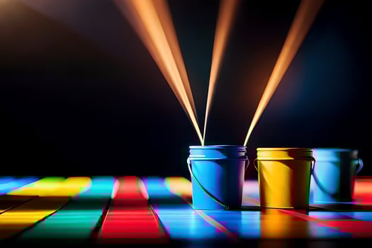 three colorful buckets on a table with light coming from them. AI-Generated photo