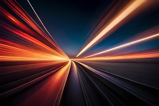 a blurry image of a train speeding through the night. AI-Generated photo