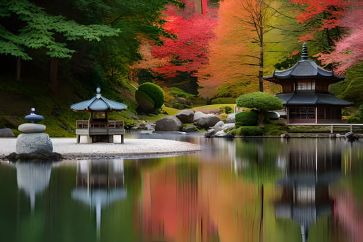 a japanese garden with a pond and pagoda in the background. AI-Generated photo