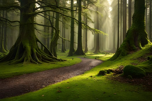 a path through a green forest with trees. AI-Generated photo