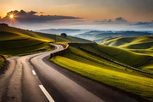 a road winding through the hills at sunset. AI-Generated photo
