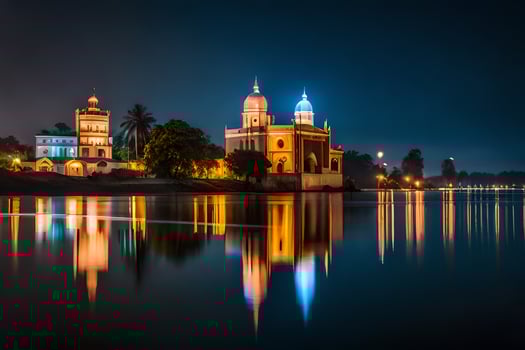 the night view of a church and a lake. AI-Generated photo