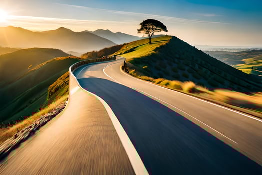 a road winding through the mountains at sunset. AI-Generated photo