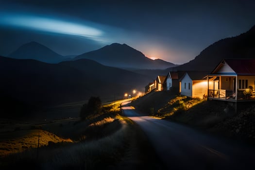 a road leading to a house in the mountains. AI-Generated photo