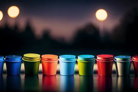 colorful cups lined up on a table with lights in the background. AI-Generated photo
