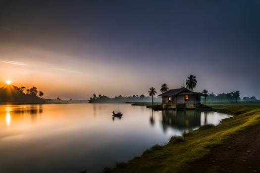 a house on the water at sunrise with the sun setting behind it. AI-Generated photo