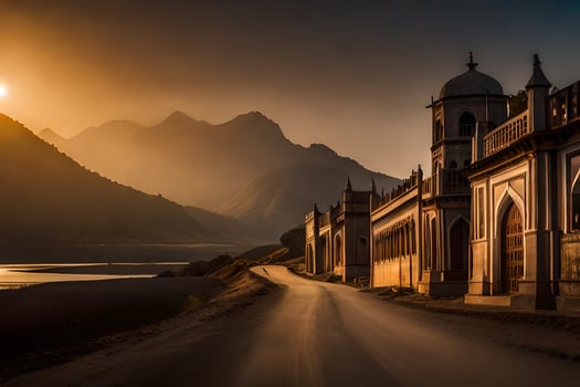 the sun sets over a road in front of a building. AI-Generated photo