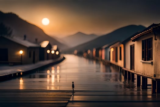 a boat is sitting on the dock at sunset. AI-Generated photo