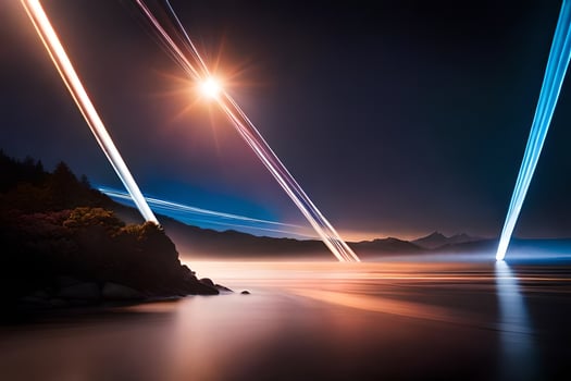the light trails of a plane flying over the water. AI-Generated photo