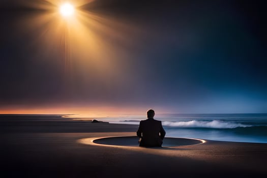 a man sits in meditation on the beach at night. AI-Generated photo