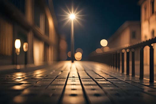 a street light is shining on a wooden walkway. AI-Generated photo
