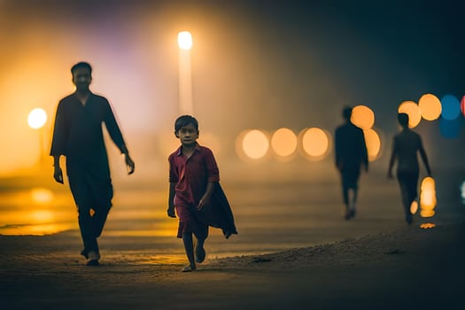 a family walks on the beach at night. AI-Generated photo