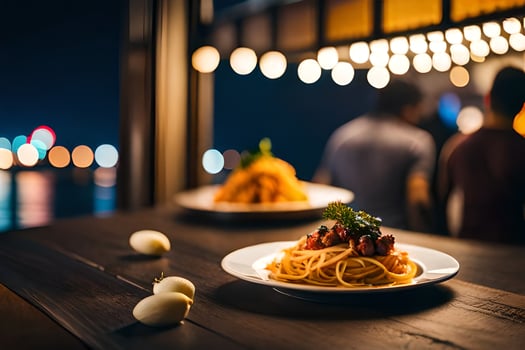 spaghetti and meatballs on a table in front of a restaurant. AI-Generated photo