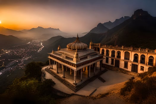the sun sets over a temple on top of a mountain. AI-Generated photo